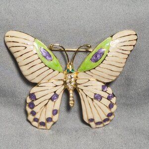 Butterfly Brooch White Green Purple Enamel Rhinestone Vintage Pin 2.5”
